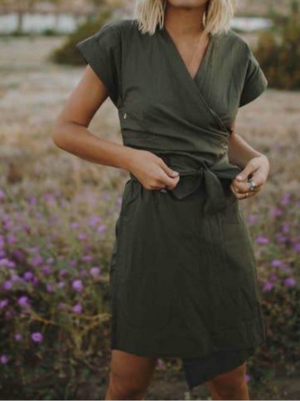Olive Wrap Mini Dress with Tie Waist